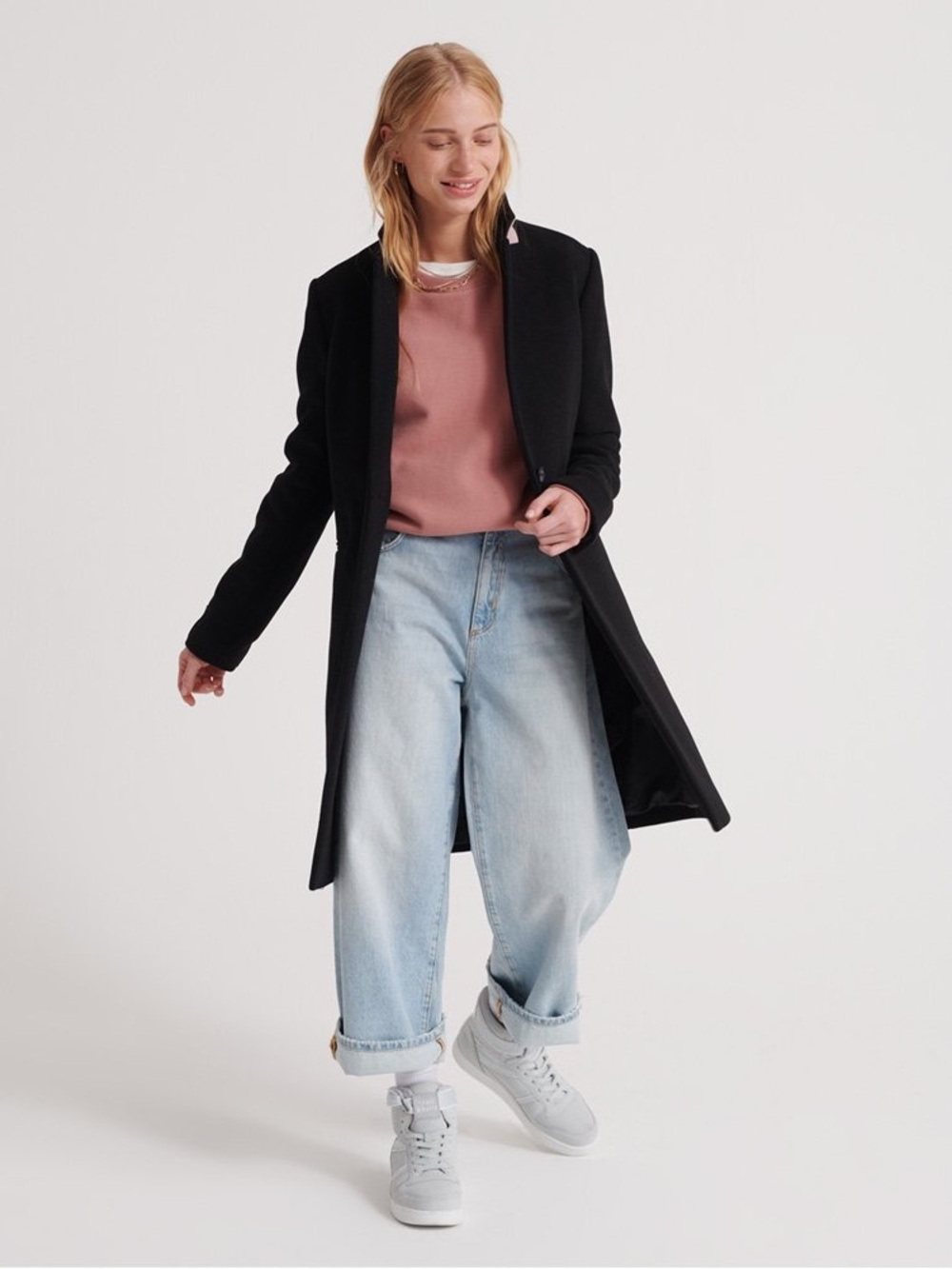 Superdry Ariana Wool Coat Black with pink collar